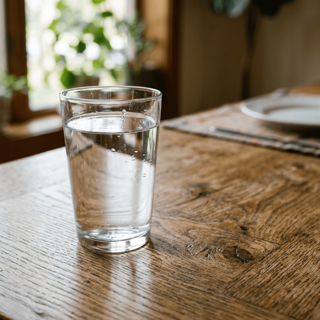 Clear glass filled with water on wooden table
