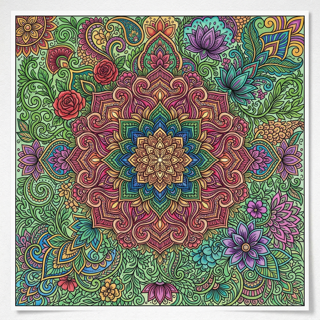 Black and white intricate floral mandala pattern with various flowers and leaves