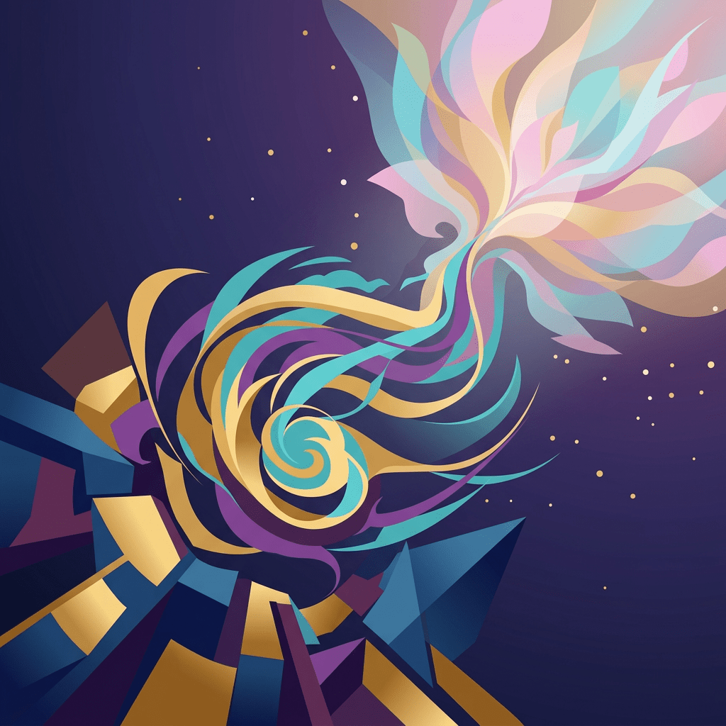 Abstract swirling light and energy in vibrant pastel colors with glowing sparks
